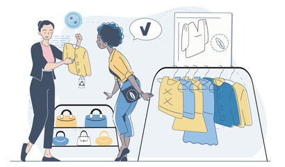 Two women shopping for eco-friendly clothes in a stylish boutique, flat cartoon style, with a clean white background, promoting sustainable fashion. Vector illustration