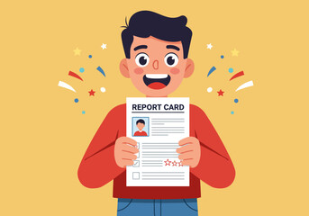 Excited student showing off great report card results with confetti, celebrating academic success and achievement