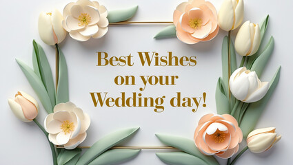 wedding card with flat, pastel toned floral frame made of ivory tulips and pale peach camellias, white background. Large golden embossed message: "Best wishes on your wedding day!"