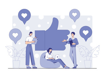 Three people collaborating with devices, surrounded by hearts and a large thumbs-up icon, flat graphic style, on a dotted background. Concept of online engagement. Vector illustration