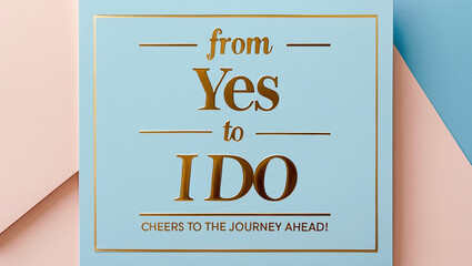 wedding themed card in flat pastel colors (sky blue and blush), elegant composition with large shiny gold foil text saying: &ldquo;From &lsquo;Yes!&rsquo; to &lsquo;I Do&rsquo; &ndash; cheers to the journey ahead!&rdquo;.