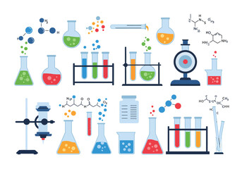 Laboratory Research Scientific Glassware and Chemistry Elements for Experimentation and Analysis