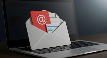 E-mail Communication Concept: A close-up captures an opened digital email with an 'at' symbol prominently displayed against a digital screen.  It symbolizes communication and message delivery.