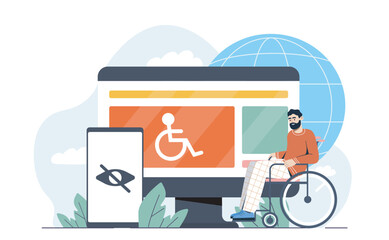 Man in wheelchair with screen showing accessibility icons, flat style, on white background with globe and foliage. Concept of inclusive digital design. Vector illustration