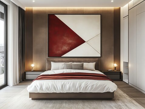 Modern Bedroom with Large Abstract Geometric Wall Art and Minimalist Decor