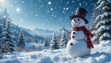 Fototapeta premium Panoramic view of happy snowman in winter landscape