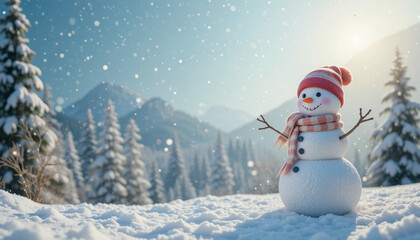 Obraz premium Panoramic view of happy snowman in winter landscape
