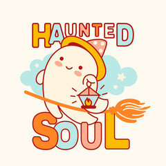 Playful print with a cute ghost character in a witch hat, holding a lantern. Naive and spooky Halloween-themed or fall baby party decoration