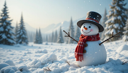 Obraz premium Panoramic view of happy snowman in winter landscape