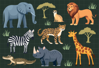 Obraz premium Colorful African wildlife illustration, element vector set