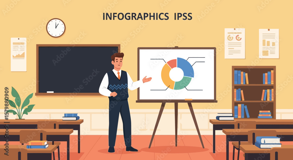 Poster man presenting chart illustration in classroom setting explaining information