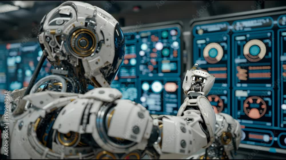 Poster futuristic robot analyzing data digital screens, showcasing advanced technology and artificial intel