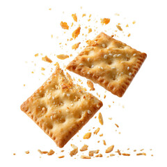 Delicious sesame seed crackers breaking apart with crumbs on transparent background isolated