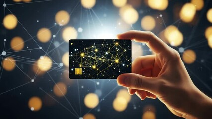 A hand holds a credit card with a digital network design, symbolizing modern finance and online transactions - Powered by Adobe