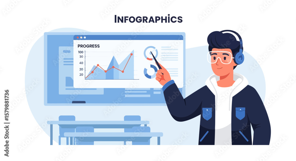 Poster interactive data presentation with a presenter explaining business growth chart