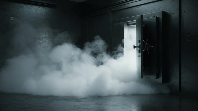 Open safe in a smoky room with mysterious ambiance
