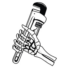 Skull hand holding wrench tools vector illustration. Fist with wrench for logo, label, emblem, sign, badge.	
