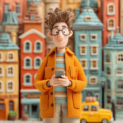 A cartoon man in a yellow jacket is holding a cell phone. The image is set in a city with tall buildings and a yellow taxi. The man is focused on his phone