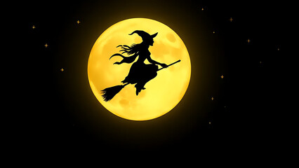 Fototapeta premium Silhouette of a witch on a broomstick flying across a bright yellow full moon with a dark sky background.