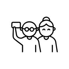 Elderly couple taking selfie together and smiling in minimal style  