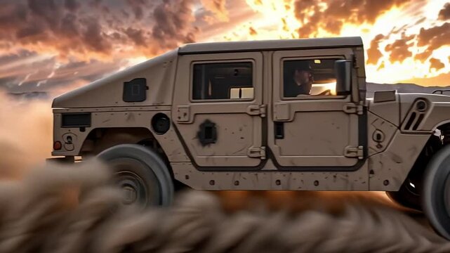 Military vehicle navigating through sandy terrain under dramatic sunset sky with vibrant clouds and dust trail