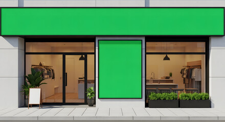 Retail Storefront with Blank Green Screen for Advertising