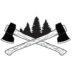 Crossed axe with forest silhouettes vector illustrations