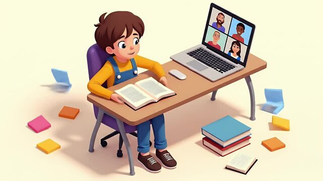 A vector isometric scene showing a student attending a virtual class on a laptop surrounded by books, digital notes, and video call icons &mdash; representing modern education.
