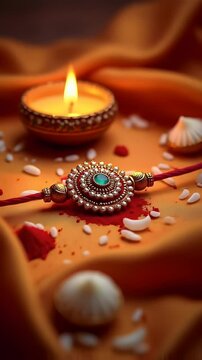 A close-up shot of a beautifully designed rakhi placed on a silk fabric with rice grains, roli (kumkum), and diya around &mdash; symbolizing tradition, celebration, and sibling love.
