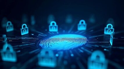 A glowing fingerprint scanner surrounded by digital lock icons and binary code on a dark tech background — symbolizing biometric security, encryption, and identity protection.
 - Powered by Adobe