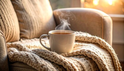 Cozy corner with a soft armchair and a steaming mug on a woven blanket