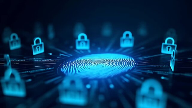 A glowing fingerprint scanner surrounded by digital lock icons and binary code on a dark tech background &mdash; symbolizing biometric security, encryption, and identity protection.
