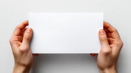 Top view of two hands holding a white paper horizontally, fingers slightly curled around the edges, blank surface for design, fully isolated on white background