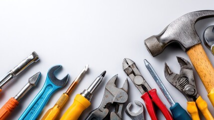 Flat lay of assorted hand tools including wrench, screwdriver, pliers, and hammer, neatly arranged on white background with wide copy space, ideal for hardware store ads
