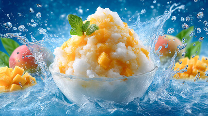 マンゴーソースのかき氷 新鮮さを水飛沫で演出