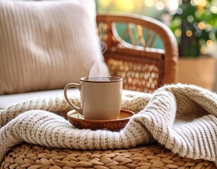 Cozy corner with a soft armchair and a steaming mug on a woven blanket
