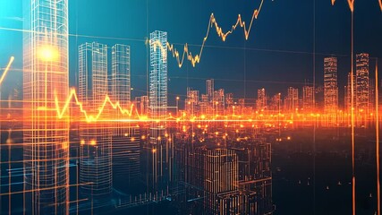 Futuristic city skyline with glowing data visualizations and financial graphs illustrating growth - Powered by Adobe
