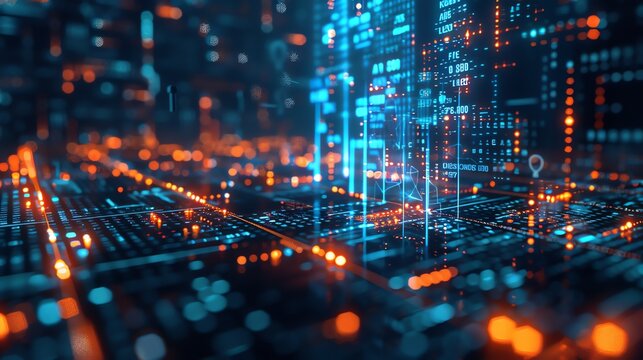 Abstract digital city landscape with glowing lines and data streams.