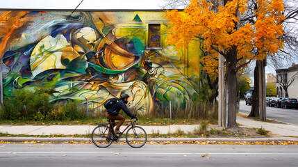 Cyclist Riding Through Urban Alley with Graffiti Mural and Autumn Leaves