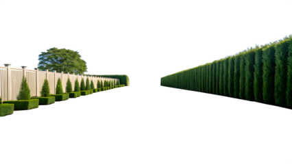 Formal garden path with a wooden fence and manicured hedges and trees
