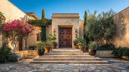 Fototapeta premium Elegant house facade with refined architectural details, embodying timeless sophistication and welcoming charm
