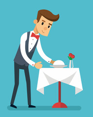 Waiter adjusting cutlery on elegant table with white cloth, showcasing attention to detail in a flat vector illustration, emphasizing fine dining atmosphere and service excellence