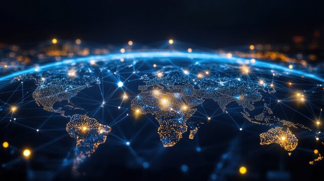 Digital World Map with Global Network Connections and City Lights Displaying Technology and Connectivity in a Dark Atmosphere