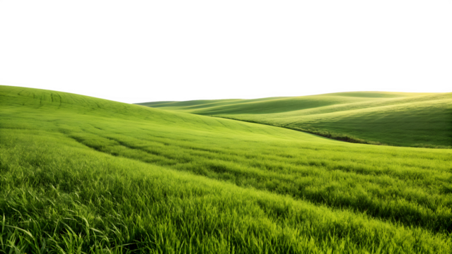 Rolling green hills of lush grass bathed in soft morning sunlight