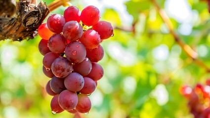 Ripe red grapes with water droplets on vine fruit vineyard