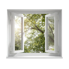 Open window, sunlight, green trees