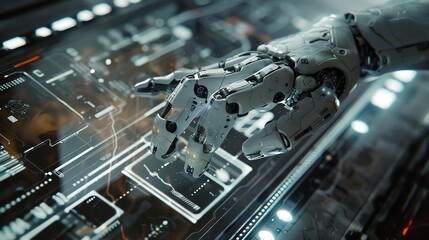 Robotic hand interacting with futuristic interface. (2)