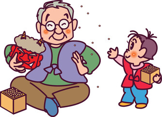 節分での老人と子供
