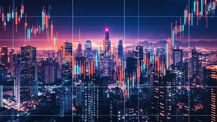 Vibrant city skyline at dusk with financial chart overlays depicting market trends and activity - Powered by Adobe