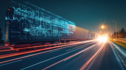 Dynamic Transportation: A Long-Haul Truck on a Road with Futuristic Digital Overlay Representing Data Analytics and Modern Logistics Solutions at Night